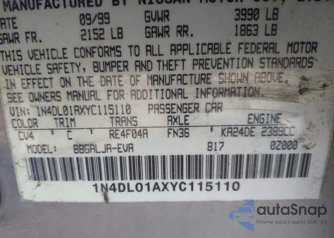 2000 Nissan Altima Gle/Gxe/Se z USA, uszkodzony, nr VIN 1N4DL01AXYC115110